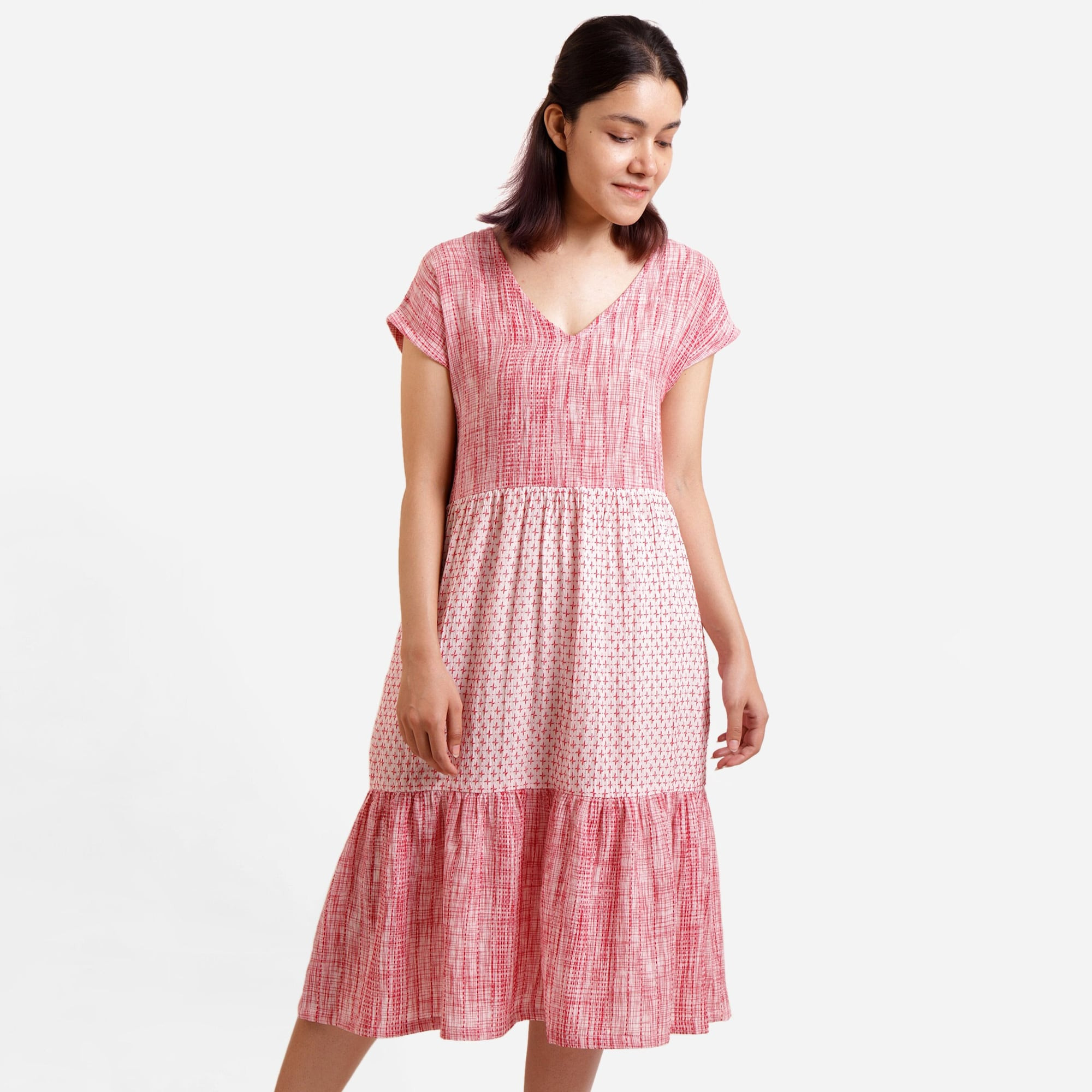 Customizable Red White Midi Cotton Dress for Women, Plus Size Petite Tall V-Neck Tiered Dress with Pockets