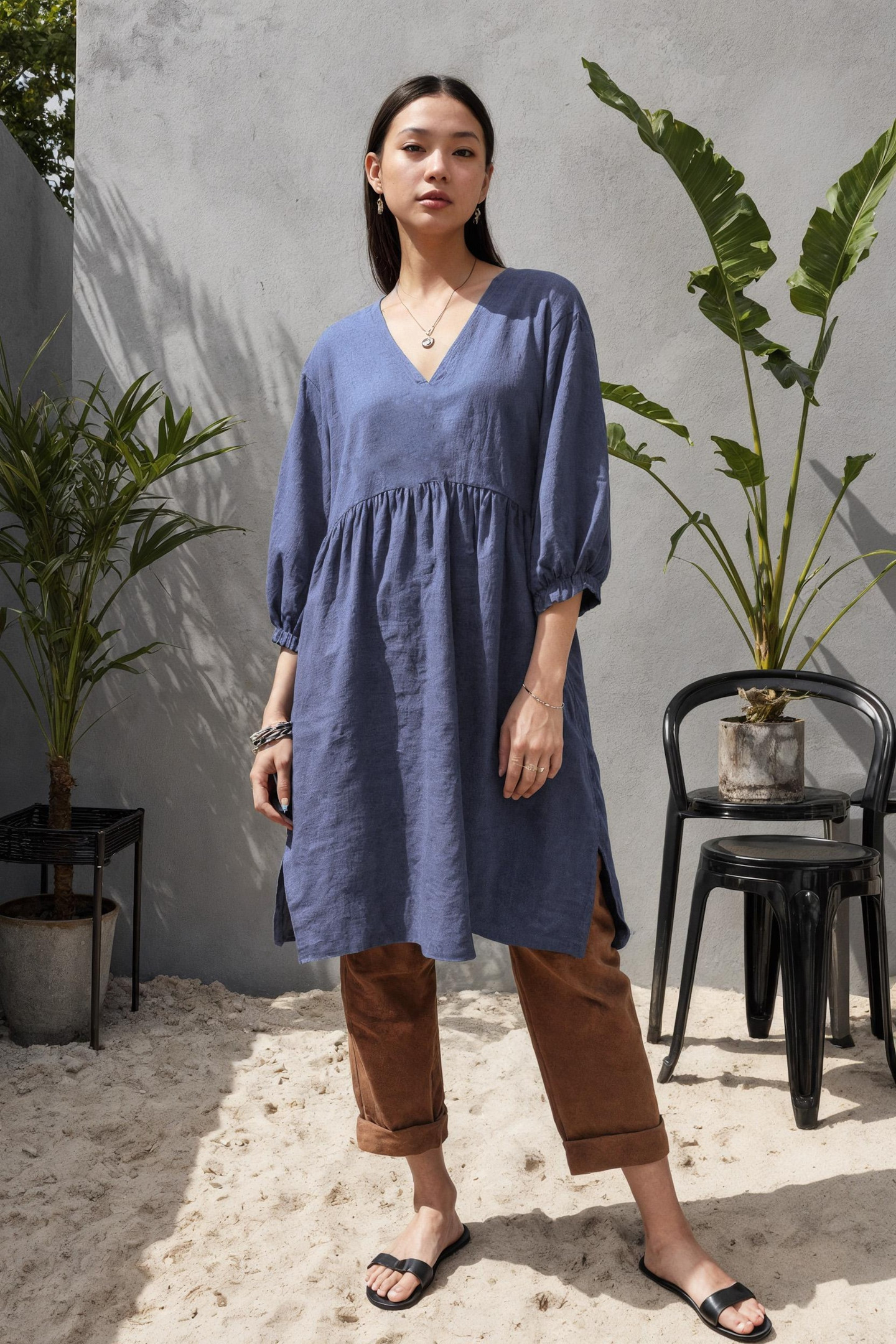 Elegant Linen Kurta Dress – V-Neck Indian Tunic with Slits & Peplum Hem