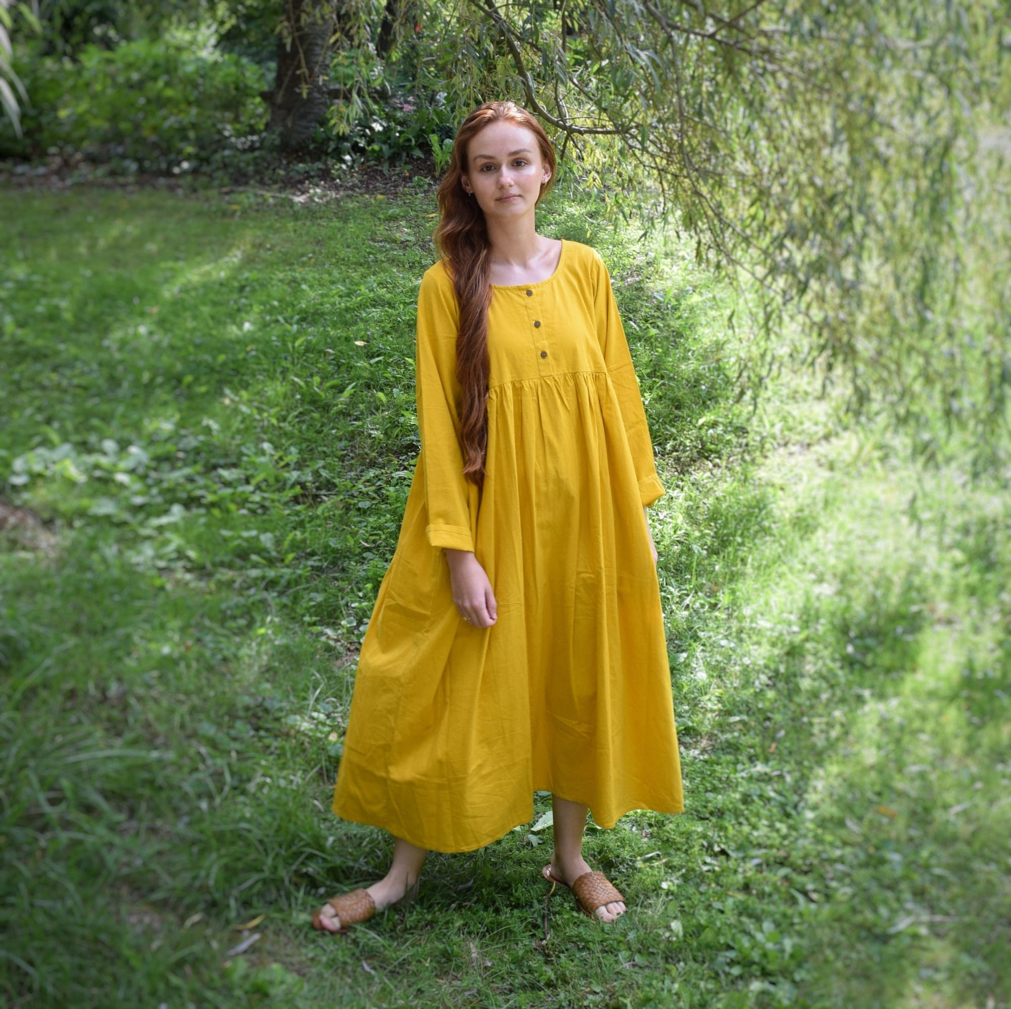 Flowy Empire Waist Linen Dress with Full Sleeves, Pockets & Relaxed Fit