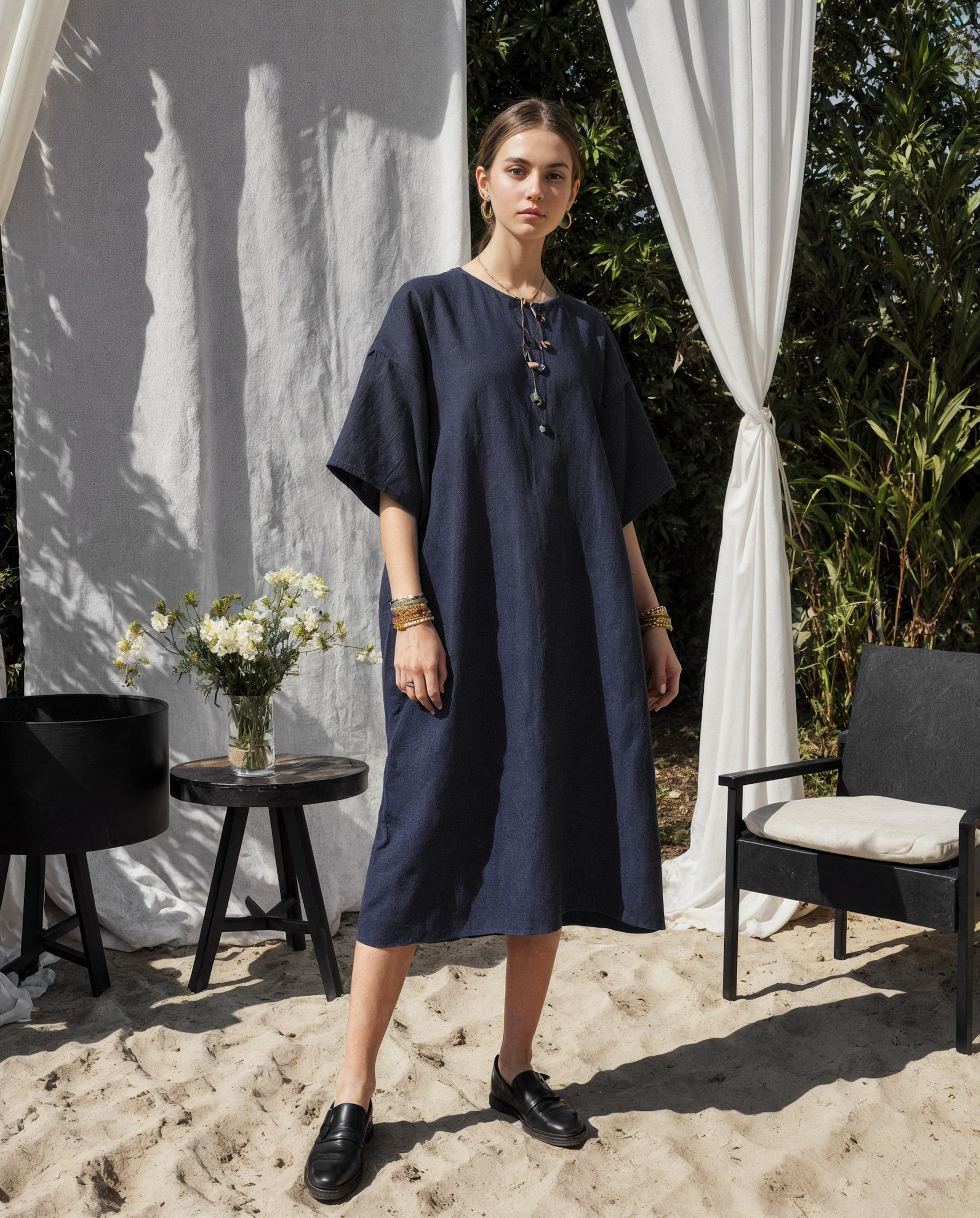 Relaxed Linen Tunic Dress with Round Neck & Side Pockets for Women