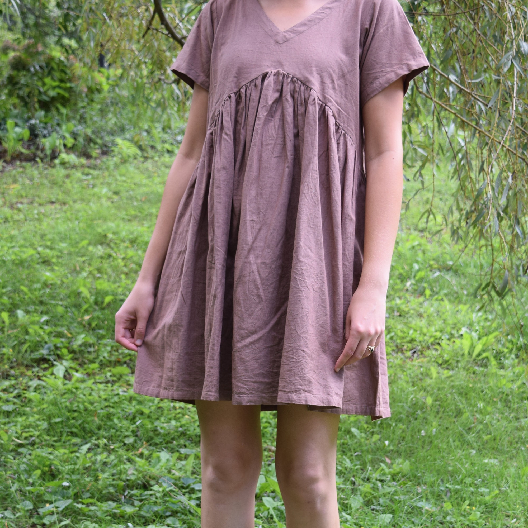 Women’s Handmade Linen Empire Waist Midi Dress with Short Sleeves & Pockets