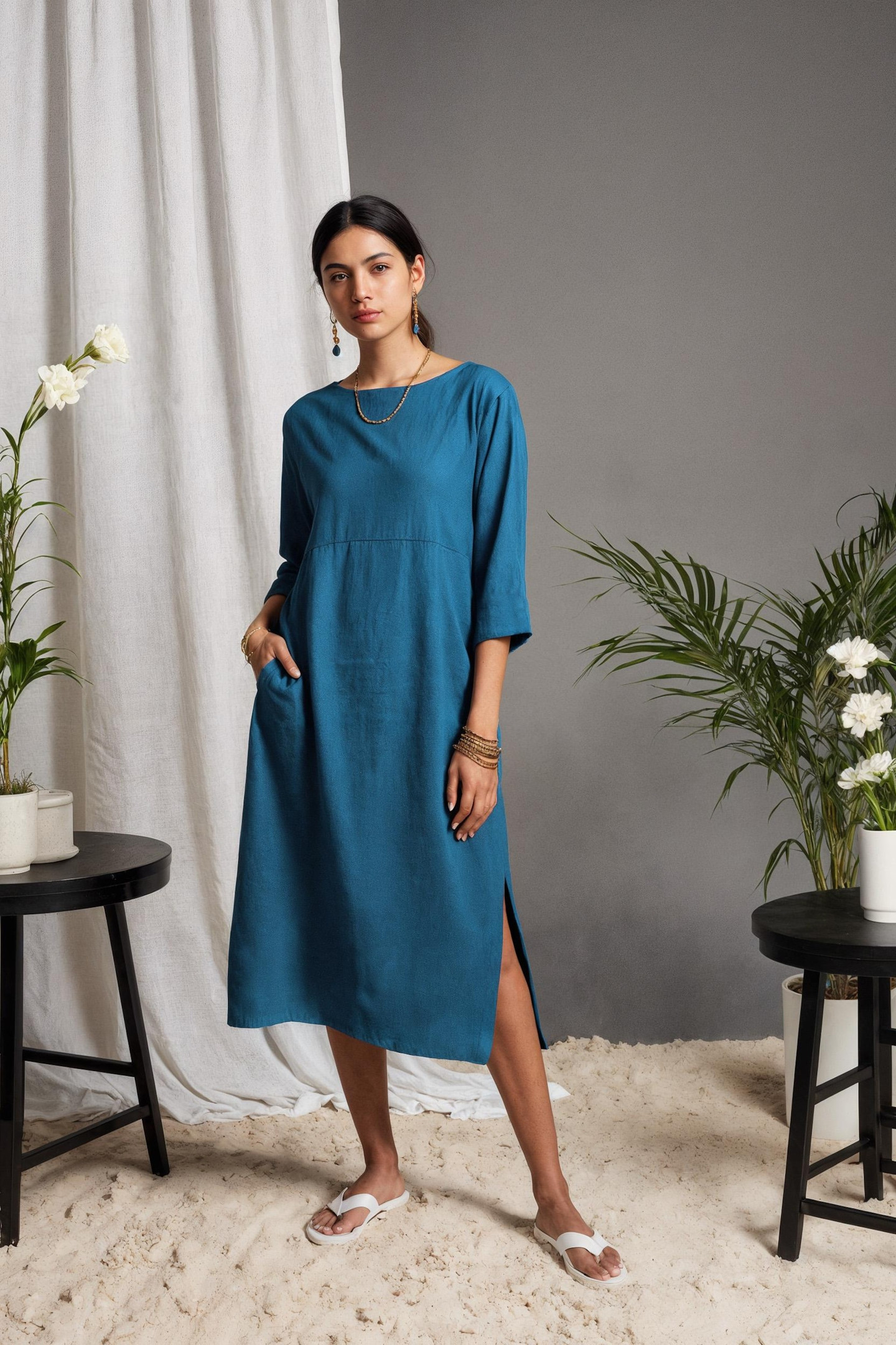 Women’s Linen Midi Dress with Pockets & Side Slits for Summer