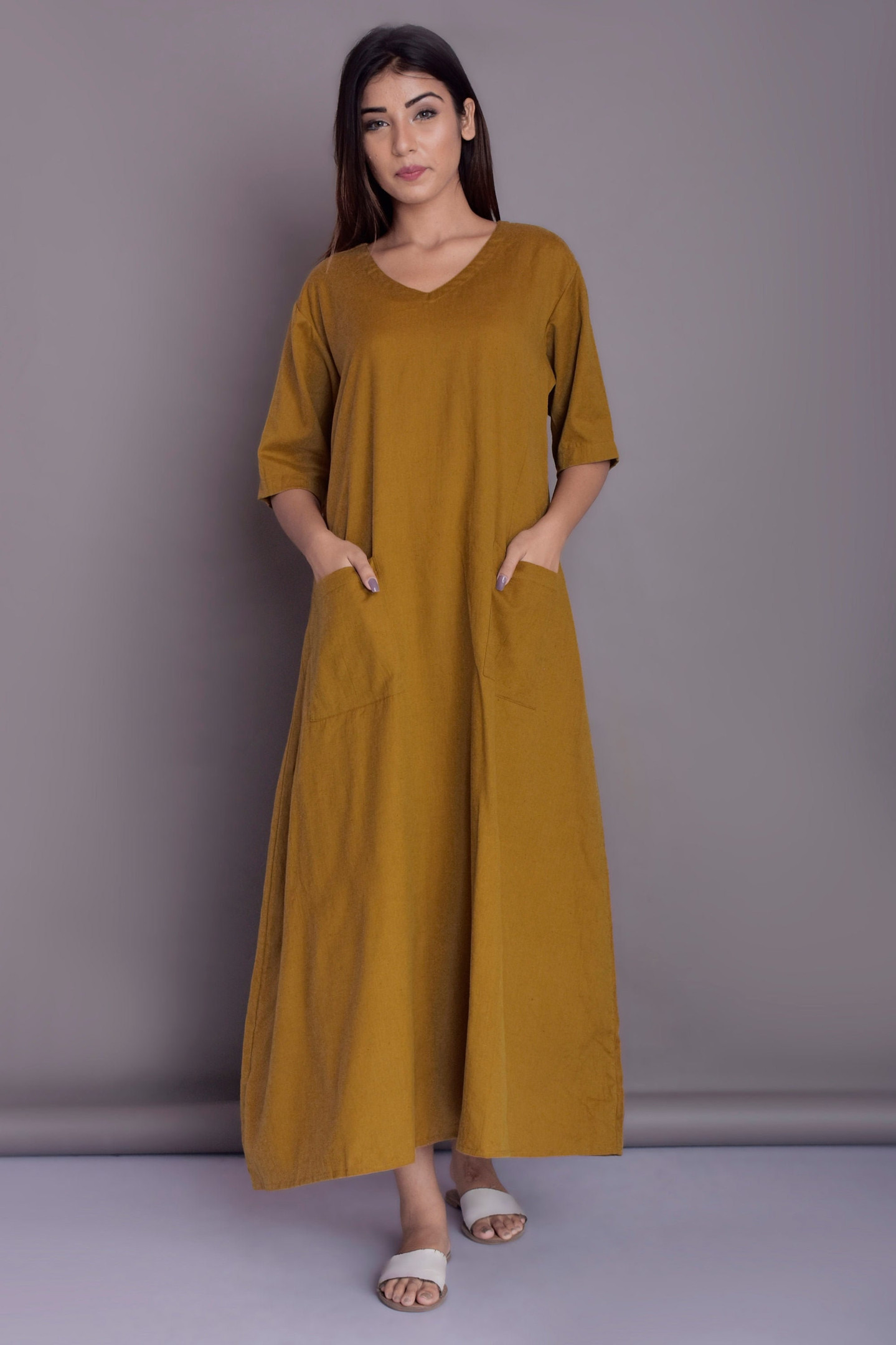 Women’s Linen Tunic Dress – Ankle Length with Elbow Sleeves & Patch Pockets