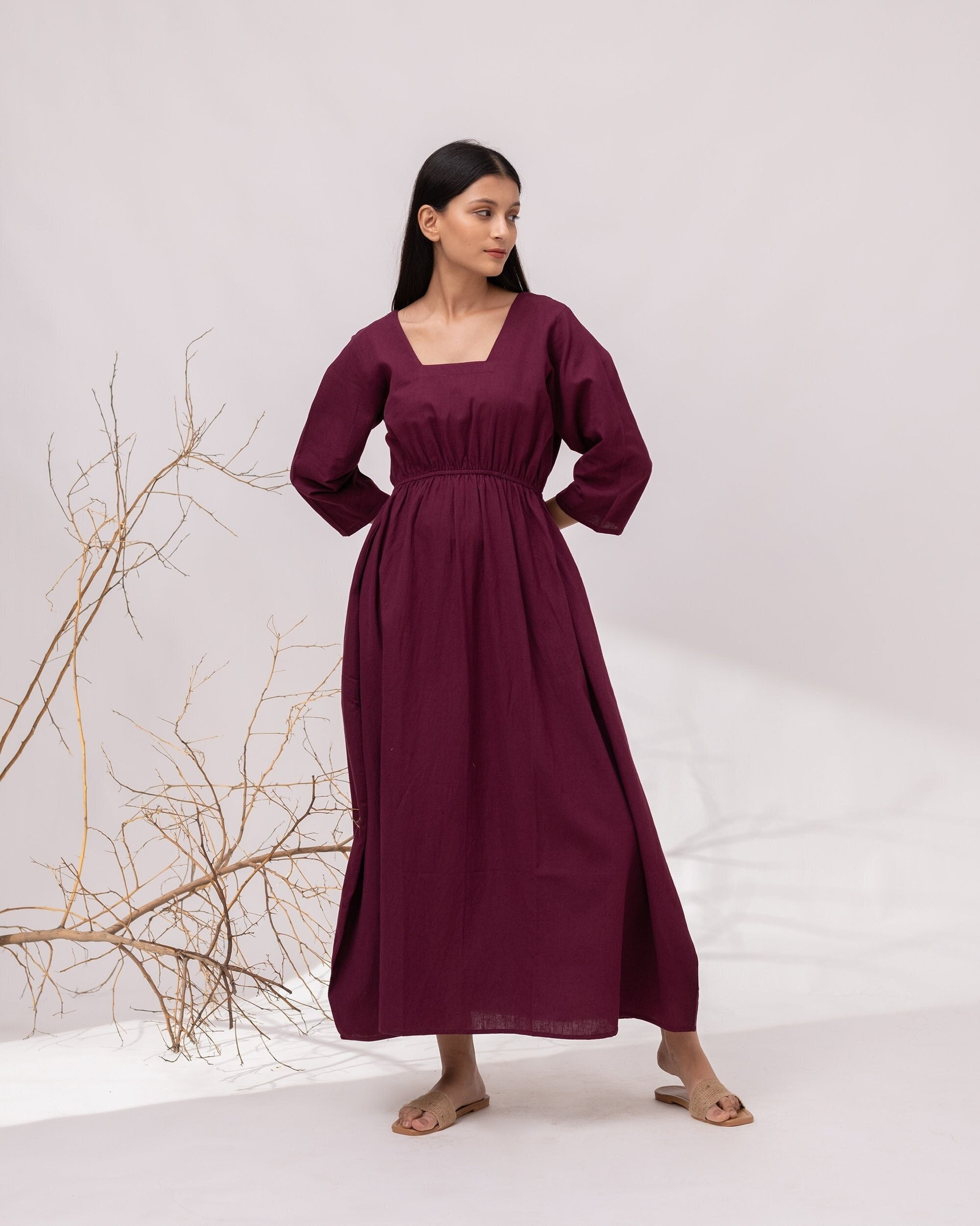 Women’s Maxi Linen Empire Waist Dress with Square Neck & Full Sleeves